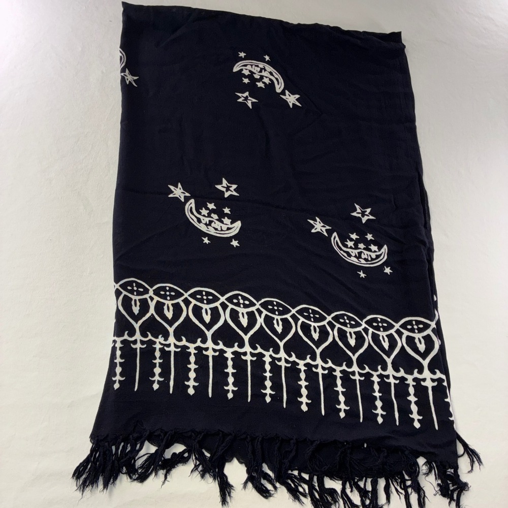 464 Boho Wrap Your World Sarong OS Black Celestial Moon Star Fringe Wrap